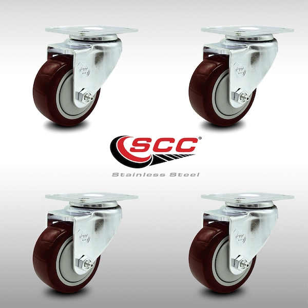 3.5 Inch SS Maroon Polyurethane Wheel Swivel Top Plate Caster Set